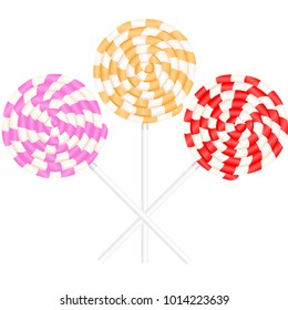 A round spiral lollipop, a set of spirals of red, orange and pink. Flat design, vector illustration, vector.
