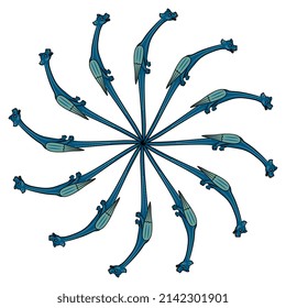 Round spiral mandala with fantastic blue medieval dragons. On white background.