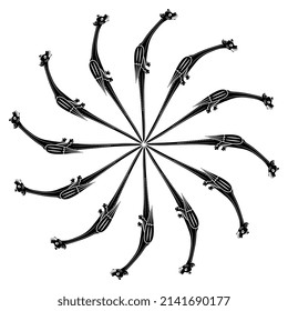 Round spiral mandala with fantastic medieval dragons. Black and white silhouette.