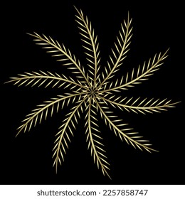 Round spiral mandala with floral branches or bird feathers. Golden glossy silhouette on black background.