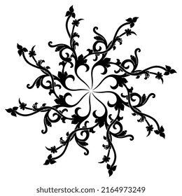 Round spiral mandala with floral motifs. Star shape with stylized branches. Vintage style. Black silhouette on white background.
