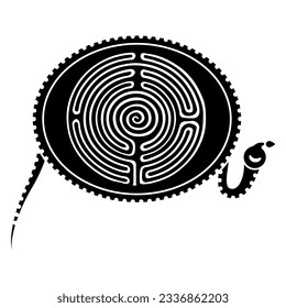 Round spiral maze or labyrinth inside ancient Egyptian sacred symbol. Sun disk in a snake ring. Eye of god Re or Ra. Black and white silhouette. Creative religious concept.