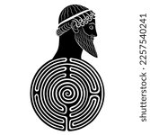 Round spiral maze or labyrinth symbol with a head of bearded ancient Greek man or god. Creative mythological concept. Daedalus, Theseus or king Minos. Black and white silhouette.