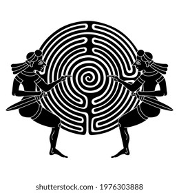 Round spiral maze or labyrinth symbol between two seated antique men. Black and white silhouette. Creative concept.