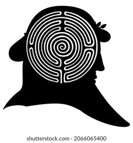 Round spiral maze or labyrinth symbol inside silhouetted human head of ancient Greek man or god. Creative concept. Mystery of human mind and consciousness.