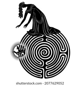 Round spiral maze or labyrinth symbol and blindfolded princes who lost her crown. Creative concept. Black and white silhouette.