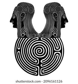 Round spiral maze or labyrinth symbol with two mysterious ancient heads. Creative concept for mystery of culture. Black and white silhouette.