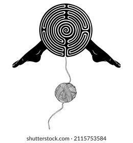 Round spiral maze or labyrinth symbol with human legs and a thread from yarn ball leading to it. Ariadne thread. Creative concept. Black and white silhouette.