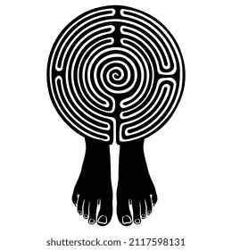 Round spiral maze or labyrinth symbol with two bare human feet. Black and white silhouette. Creative funny concept.