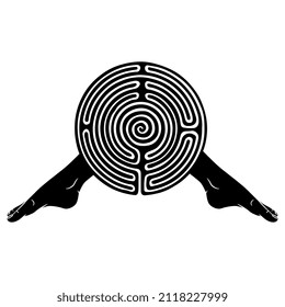 Round spiral maze or labyrinth symbol between two bare human feet. Creative concept. Black and white silhouette.