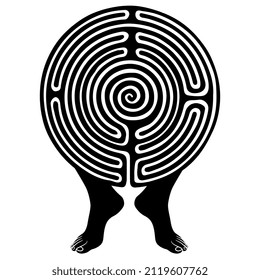 Round spiral maze or labyrinth symbol on two bare human feet. Black and white silhouette. Creative funny concept.