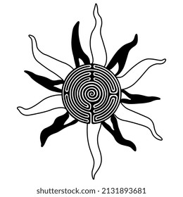 Round spiral maze or labyrinth symbol with sun rays. Solar star shape. Creative concept. Black and white silhouette.