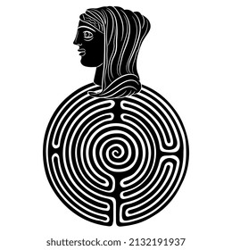 Round spiral maze or labyrinth symbol with female head on top. Ancient Greek goddess Hestia or Vesta. Ariadne. Creative concept. Black and white silhouette.