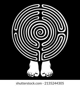 Round spiral maze or labyrinth symbol standing on two bare human feet. Black and white silhouette. Creative concept.