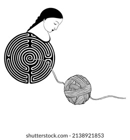 Round spiral maze or labyrinth symbol with female head and a yarn ball. Ariadne thread. Creative art. Mythological symbol. Black and white silhouette.
