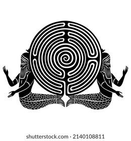 Round spiral maze or labyrinth symbol supported by two Mesopotamian mermen. Creative concept. Mystery of ancient knowledge and culture. Black and white silhouette.