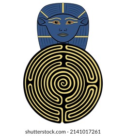 Round spiral maze or labyrinth symbol with head of ancient Egyptian goddess Hathor. Creative concept.