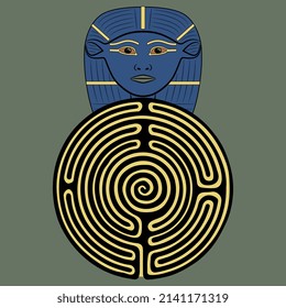 Round spiral maze or labyrinth symbol with head of ancient Egyptian goddess Hathor. Creative concept. On green background.