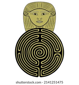Round spiral maze or labyrinth symbol with head of ancient Egyptian goddess Hathor. Creative concept. Black and gold silhouette on white.
