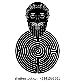 Round spiral maze or labyrinth symbol with head of a bearded ancient Greek god or man. Creative concept. Daedalus or Theseus. Black and white silhouette.