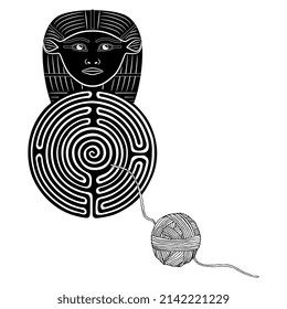 Round spiral maze or labyrinth symbol with head of ancient Egyptian goddess Hathor and a yarn ball. Ariadne's thread. Creative concept. Black and white silhouette.