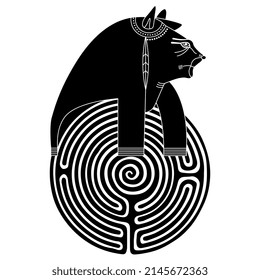 Round spiral maze or labyrinth symbol with lion head of goddess Tefnut. Ancient Egyptian mythology. Creative concept. Black and white silhouette.