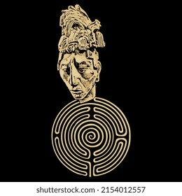 Round spiral maze or labyrinth symbol with human head of Maya Indian. Sculpture portrait of King Pakal from Palenque. Creative concept. Mystery of Native American history. On black background.