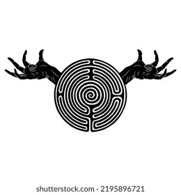 Round spiral maze or labyrinth symbol with twisted nailed hands of crucified Christ. Creative religious concept. Suffering of humankind. Black and white silhouette.