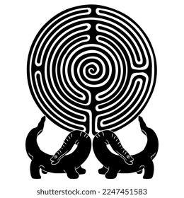 Round spiral maze or labyrinth symbol supported by two fantastic animals. Enigma concept. Ancient Mexican figurine from Acambaro. Collection of Waldemar Julsrud. Black and white silhouette.