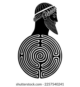 Round spiral maze or labyrinth symbol with a head of bearded ancient Greek man or god. Creative mythological concept. Daedalus, Theseus or king Minos. Black and white silhouette.