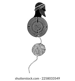 Round spiral maze or labyrinth symbol with a head of ancient Greek man or god and a yarn ball. Ariadne thread. Mythological concept. Daedalus, Theseus or king Minos. Black and white silhouette.