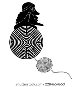 Round spiral maze or labyrinth symbol with bearded human head and a yarn ball. Theseus and Ariadne thread. Daedalus or Minos. Ancient Greek mythology. Creative concept. Black and white silhouette.
