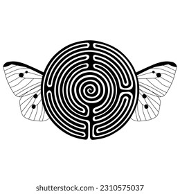 Round spiral maze or labyrinth symbol with butterfly wings. Flying target. Creative funny concept. Black and white silhouette.