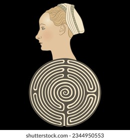 Round spiral maze or labyrinth symbol with a head of beautiful Renaissance woman. Medieval Ariadne. Creative philosophical concept. On black background.