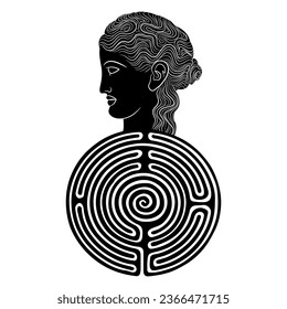 Round spiral maze or labyrinth symbol with a head of antique woman. Ariadne. Mystery of goddess. Black and white silhouette.