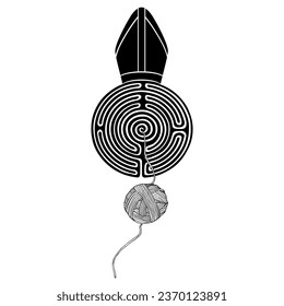 Round spiral maze or labyrinth symbol with a Catholic Pope's mitre or Bishop's miter and a yarn ball. Creative religious concept. Ariadne thread. Black and white silhouette.