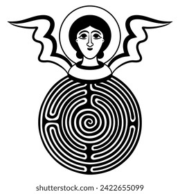 Round spiral maze or labyrinth symbol with a head of head of medieval angel or cherub with wings and nimbus. Christian religious symbol. Black and white silhouette.