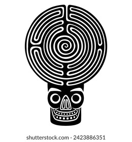 Round spiral maze or labyrinth symbol with human skull. Native American symbol of ancient Peru. Chancay culture. Black and white silhouette. Creative concept.