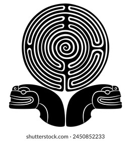 Round spiral maze or labyrinth symbol supported by two snake or serpent heads. Native American motif of Maya Indians. Creative mythological concept. Black and white silhouette.