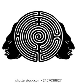 Round spiral maze or labyrinth symbol with two human faces. Janiform philosophical symbol. Mystery of Mayan culture. Black and white silhouette.