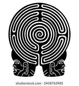 Round spiral maze or labyrinth symbol with two human heads. Philosophical symbol. Mayan warrior man or ball player wearing helmet. Black and white silhouette.