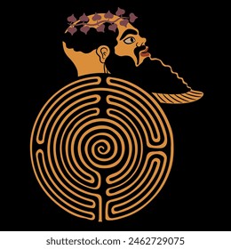 Round spiral maze or labyrinth symbol with head of ancient Greek Satyr wearing ivy wreath. Vase painting style. Creative mythological design.
