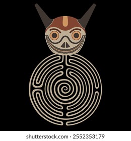 Round spiral maze or labyrinth symbol with indigenous mask. Funny horned skull of Wari or Huari culture from ancient Peru.