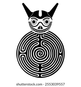 Round spiral maze or labyrinth symbol with indigenous mask. Funny horned skull of Wari or Huari culture from ancient Peru. Black and white silhouette.