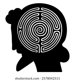 Round spiral maze or labyrinth symbol inside male head. Ancient Greek hero. Theseus or Daedalus. Creative philosophical concept. Black and white silhouette.