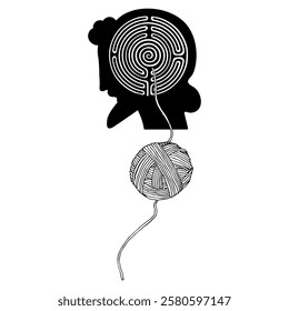 Round spiral maze or labyrinth symbol inside male head and a yarn ball. Ariadne's thread. Ancient Greek hero Theseus. Creative mythological concept. Black and white silhouette.