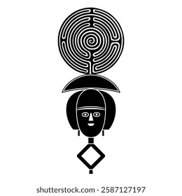 Round spiral maze or labyrinth symbol and African mask. Creative concept. Black and white silhouette.