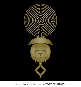 Round spiral maze or labyrinth symbol and African mask. Creative concept. Black and gold silhouette.