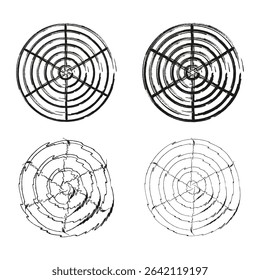 Round spiral set. Abstract concentric shapes. Vector line circles. Geometric black rings.