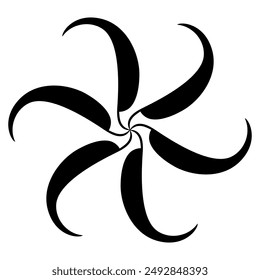 Round spiral star. Abstract circular swirl shape with curved rays. Black and white silhouette.